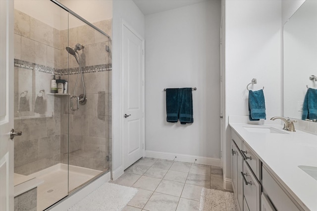 5542 Yellowstone Rd, The Colony, TX 75056 - full bathroom featuring a stall shower, double vanity, and baseboards