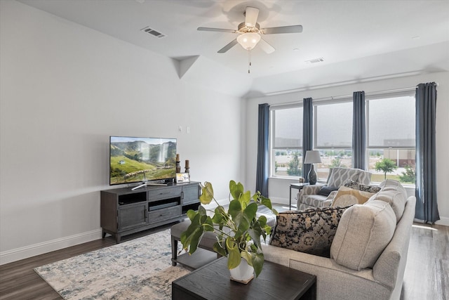 5542 Yellowstone Rd, The Colony, TX 75056 - living area with baseboards, wood finished floors, and a ceiling fan