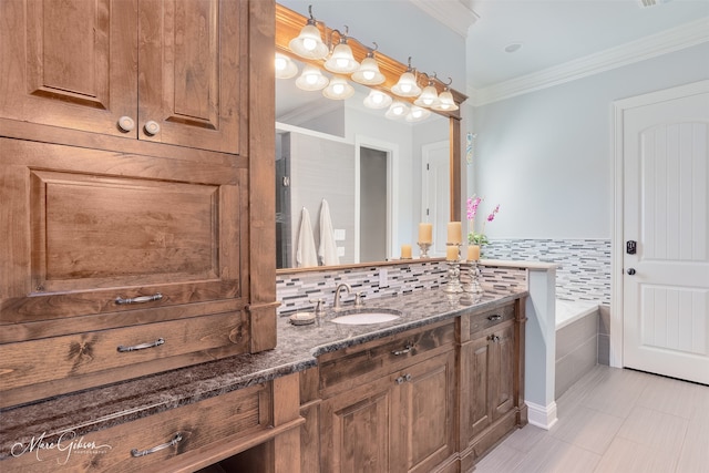 152 Sand Beach Blvd, Shreveport, LA 71105 - bathroom with vanity, a bath, crown molding, tile patterned flooring, and decorative backsplash