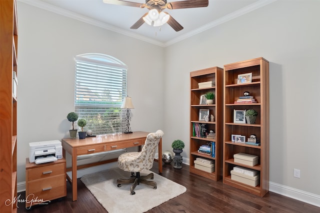 152 Sand Beach Blvd, Shreveport, LA 71105 - home office featuring ornamental molding, dark wood-type flooring, and ceiling fan