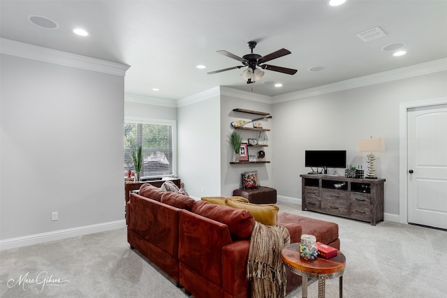 152 Sand Beach Blvd, Shreveport, LA 71105 - living room featuring light carpet, recessed lighting, ceiling fan, and ornamental molding