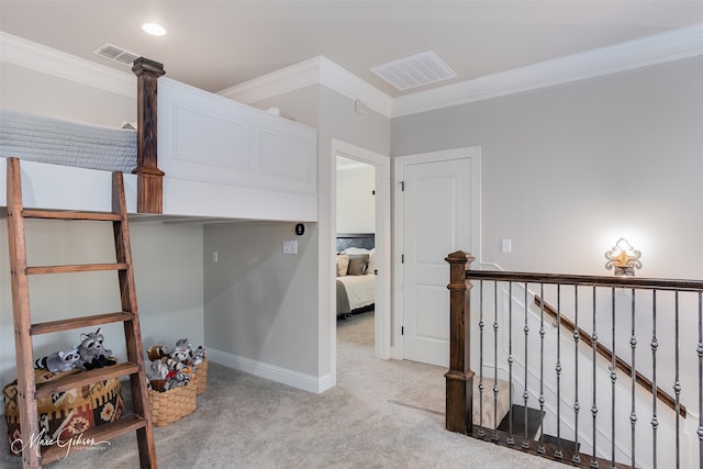 152 Sand Beach Blvd, Shreveport, LA 71105 - hall with light colored carpet, crown molding, an upstairs landing, and recessed lighting