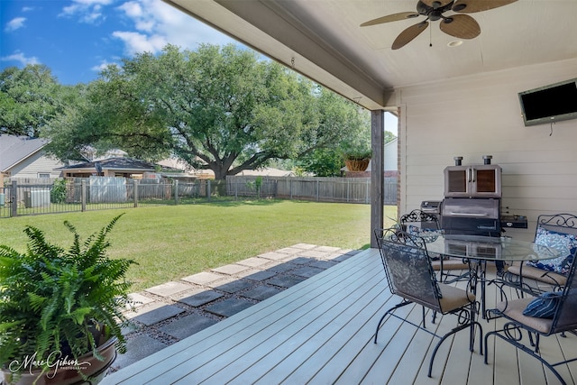 152 Sand Beach Blvd, Shreveport, LA 71105 - wooden deck with ceiling fan, a fenced backyard, and outdoor dining area