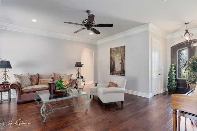 152 Sand Beach Blvd, Shreveport, LA 71105 - living area featuring arched walkways, hardwood / wood-style flooring, recessed lighting, ornamental molding, and ceiling fan