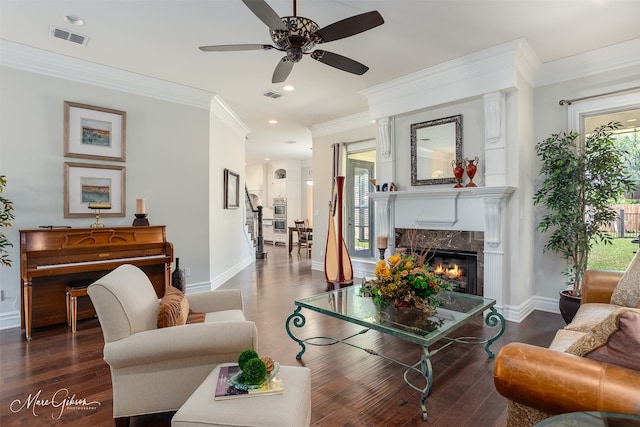 152 Sand Beach Blvd, Shreveport, LA 71105 - living room featuring ceiling fan, a fireplace, wood finished floors, ornamental molding, and recessed lighting