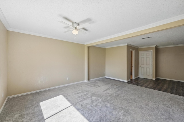5605 Santa Fe Trl, Haltom City, TX 76148 - unfurnished room with carpet flooring, a ceiling fan, a textured ceiling, baseboards, and crown molding