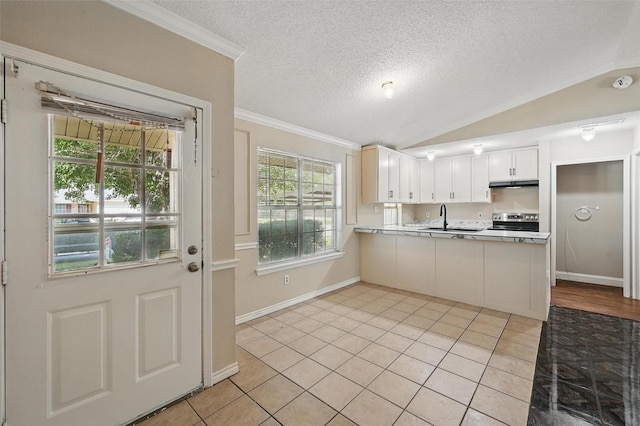 5605 Santa Fe Trl, Haltom City, TX 76148 - kitchen with stainless steel electric stove, a sink, a textured ceiling, a peninsula, and under cabinet range hood