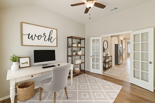 1212 Wheatear, Little Elm, TX 75068 - office area featuring french doors, ceiling fan, light wood-style floors, and baseboards