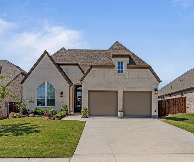 2424 Song Sparrow Ln, Mckinney, TX 75071 - french country inspired facade with brick siding, driveway, roof with shingles, and an attached garage