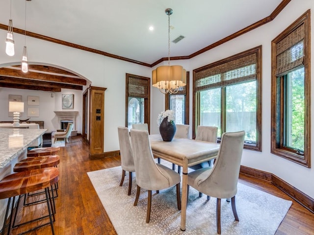 6302 Waggoner Dr, Dallas, TX 75230 - dining area with dark wood-type flooring, baseboards, a chandelier, recessed lighting, and beam ceiling