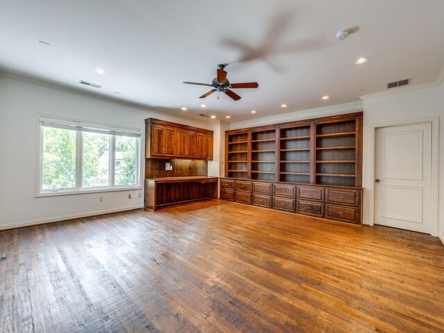 6302 Waggoner Dr, Dallas, TX 75230 - unfurnished living room with ceiling fan, light wood-type flooring, crown molding, recessed lighting, and baseboards