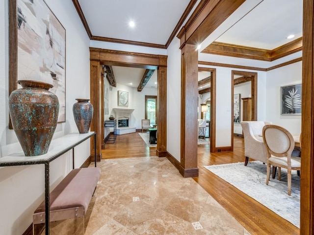 6302 Waggoner Dr, Dallas, TX 75230 - hall with ornamental molding, baseboards, light wood-type flooring, and recessed lighting