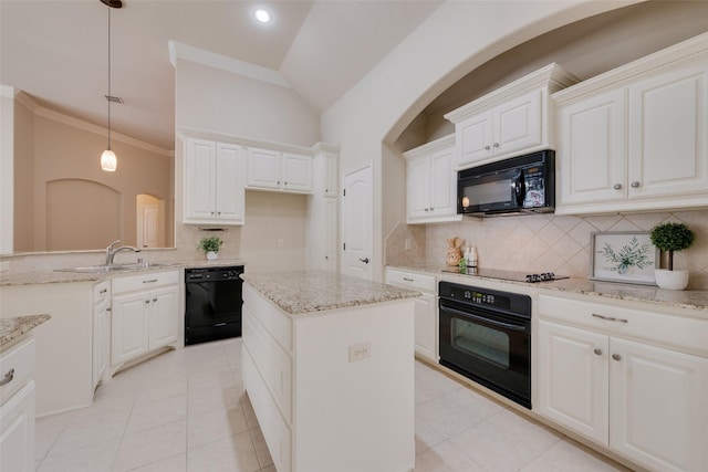 8621 Nichols Way N, Richland Hills, TX 76180 - kitchen with black appliances, a sink, decorative backsplash, light stone counters, and vaulted ceiling