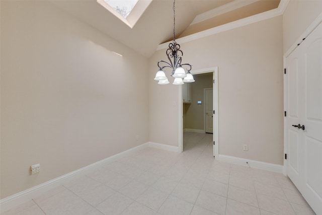 8621 Nichols Way N, Richland Hills, TX 76180 - unfurnished room with a chandelier, a skylight, high vaulted ceiling, baseboards, and ornamental molding