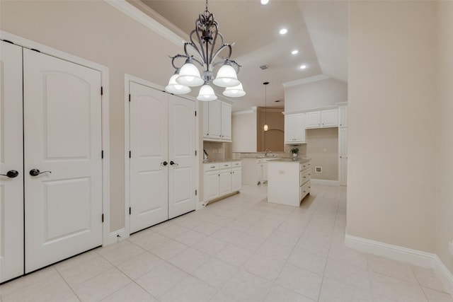 8621 Nichols Way N, Richland Hills, TX 76180 - kitchen with ornamental molding, a chandelier, recessed lighting, white cabinetry, and baseboards