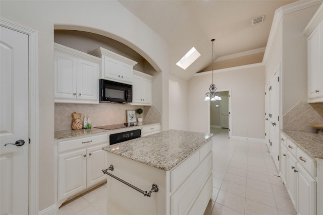 8621 Nichols Way N, Richland Hills, TX 76180 - kitchen with black appliances, backsplash, vaulted ceiling, a kitchen island, and light stone counters