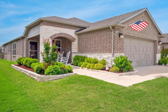 view of front of home with brick siding, a front lawn, an attached garage, roof with shingles, and driveway