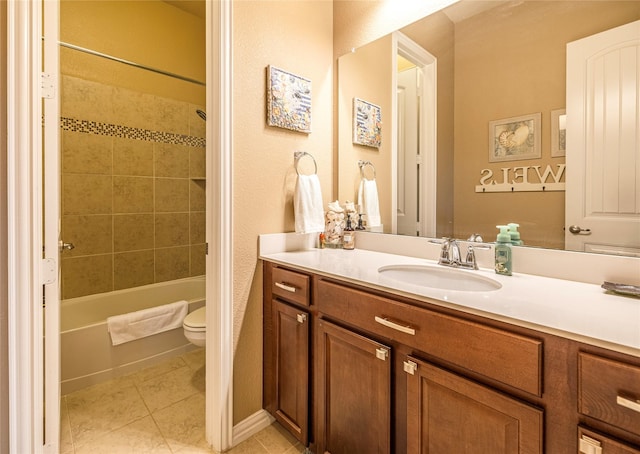 bathroom with toilet, tile patterned flooring, vanity, and washtub / shower combination