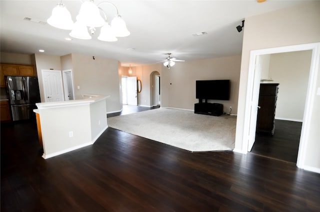 708 Flora Vista Ct, Arlington, TX 76002 - unfurnished living room with a chandelier, arched walkways, dark wood-type flooring, baseboards, and recessed lighting