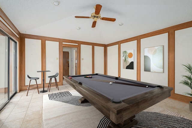 playroom featuring vaulted ceiling, billiards, light tile patterned floors, and a ceiling fan