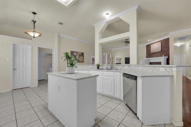 1424 Greenwich Dr, Allen, TX 75013 - kitchen featuring dishwasher, a sink, a kitchen island, light tile patterned flooring, and ceiling fan