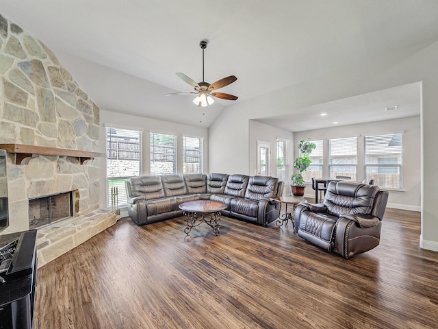 1316 Brentfield Dr, Anna, TX 75409 - living area with lofted ceiling, wood finished floors, plenty of natural light, a ceiling fan, and a fireplace