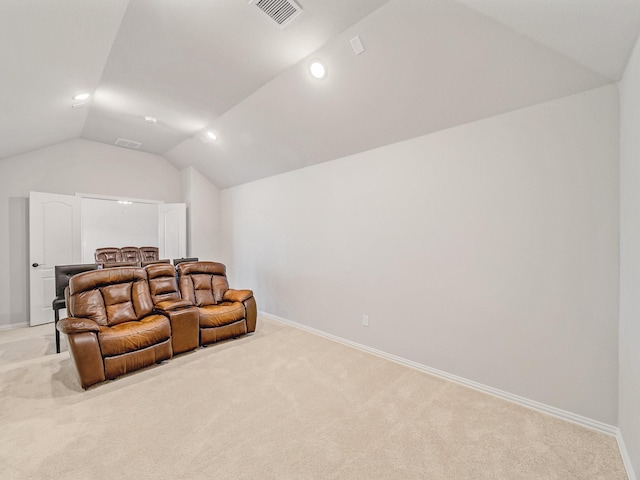 1316 Brentfield Dr, Anna, TX 75409 - cinema room featuring vaulted ceiling, light colored carpet, baseboards, and recessed lighting