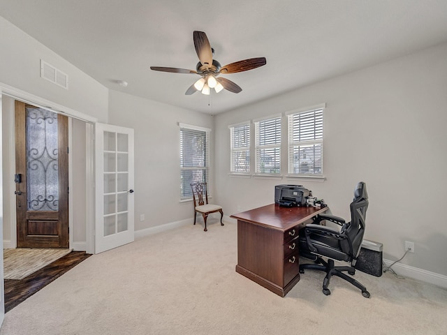1316 Brentfield Dr, Anna, TX 75409 - office with carpet, baseboards, a ceiling fan, and french doors