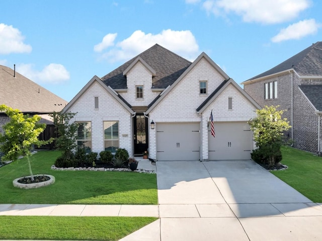 1227 Rushcroft Way, Forney, TX 75126 - french country home with concrete driveway, brick siding, a front lawn, and a shingled roof