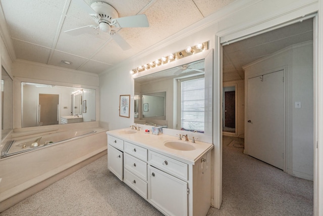 9820 County Road 514, Alvarado, TX 76009 - bathroom featuring a ceiling fan, ornamental molding, double vanity, and carpet