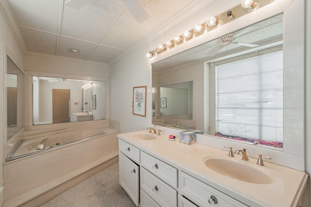 9820 County Road 514, Alvarado, TX 76009 - full bathroom featuring a ceiling fan, ornamental molding, and double vanity