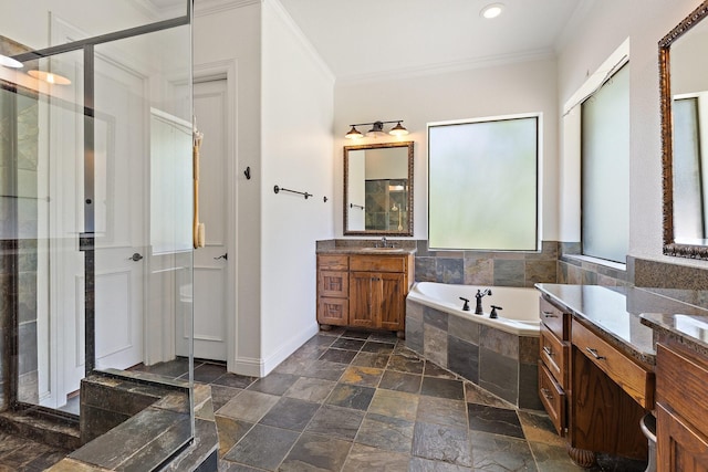1480 Snider Ct, Lucas, TX 75002 - full bath featuring stone tile flooring, ornamental molding, a garden tub, vanity, and a stall shower