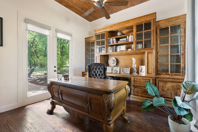 1480 Snider Ct, Lucas, TX 75002 - office space with ornamental molding, ceiling fan, dark wood-style floors, and wooden ceiling