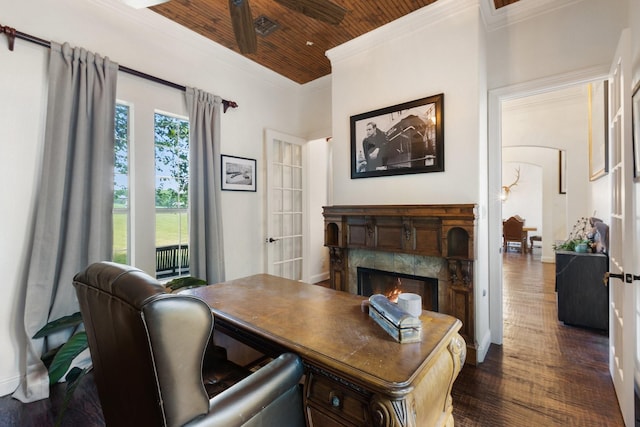 1480 Snider Ct, Lucas, TX 75002 - office area featuring wood ceiling, crown molding, dark wood-type flooring, a fireplace, and baseboards