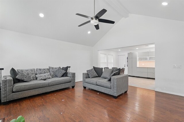 6801 Sweetwater Dr, Plano, TX 75023 - living room featuring ceiling fan, beamed ceiling, high vaulted ceiling, wood finished floors, and recessed lighting