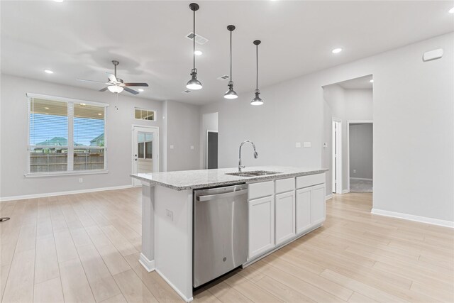 3625 Beutel Rd, Waco, TX 76655 - kitchen with stainless steel dishwasher, a sink, ceiling fan, a center island with sink, and white cabinets
