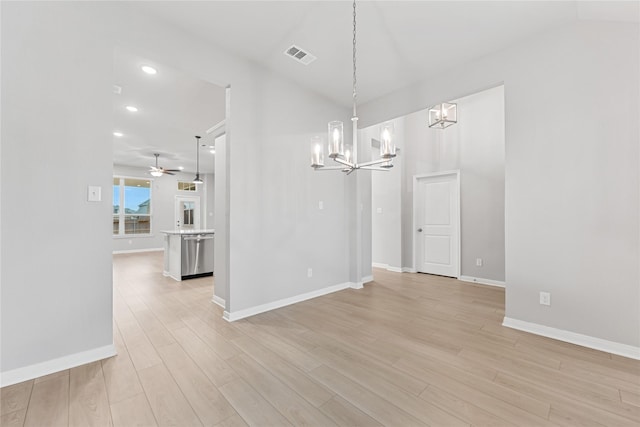 3625 Beutel Rd, Waco, TX 76655 - unfurnished dining area featuring a chandelier, light wood-style floors, baseboards, recessed lighting, and ceiling fan