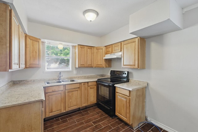 6529 Wooddale Dr, Watauga, TX 76148 - kitchen with black electric range, a sink, under cabinet range hood, and light countertops