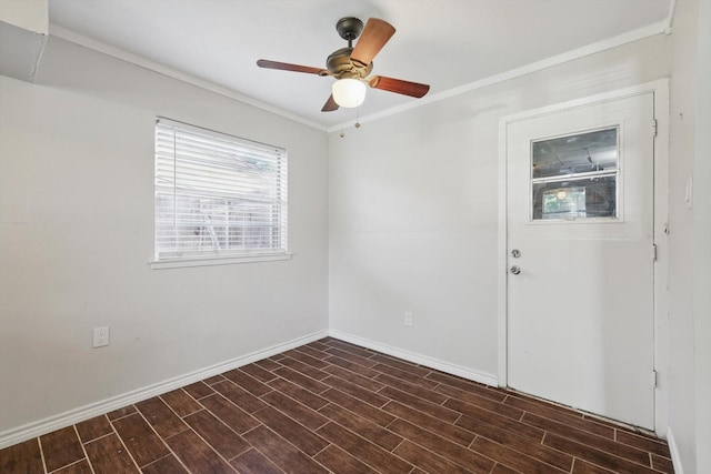 6529 Wooddale Dr, Watauga, TX 76148 - unfurnished room featuring crown molding, baseboards, dark wood finished floors, and ceiling fan