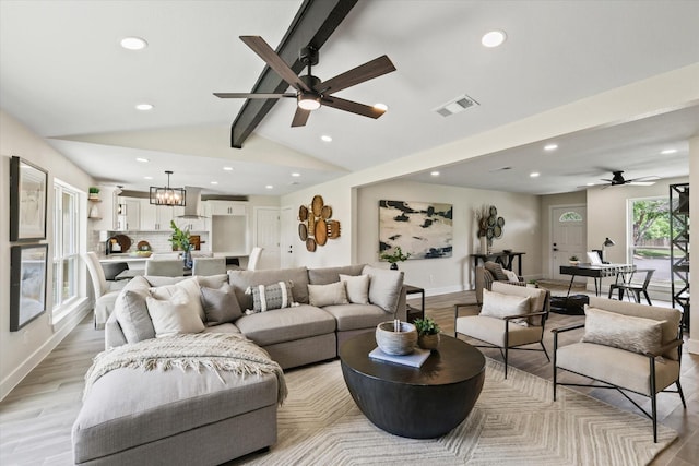 6210 Maple Springs Dr, Arlington, TX 76001 - living area with a ceiling fan, recessed lighting, light wood finished floors, a chandelier, and baseboards
