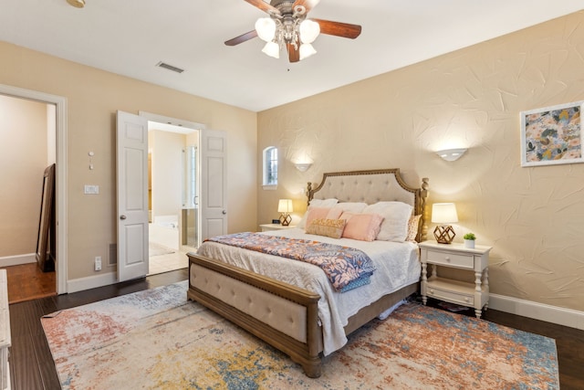 701 Mason Dr, Allen, TX 75013 - bedroom with baseboards, wood finished floors, ensuite bath, and ceiling fan