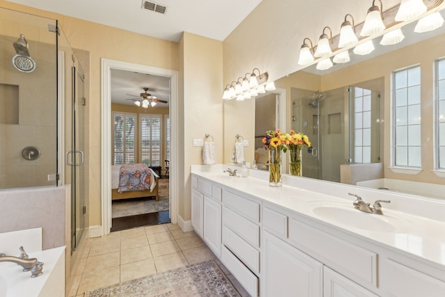 701 Mason Dr, Allen, TX 75013 - ensuite bathroom with tile patterned flooring, a garden tub, a stall shower, and ceiling fan