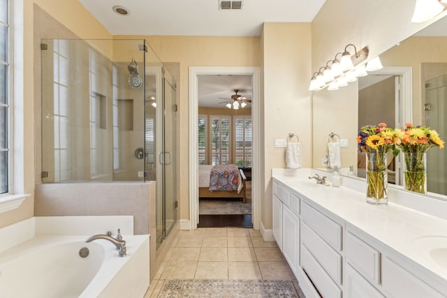 701 Mason Dr, Allen, TX 75013 - bathroom featuring a bath, double vanity, tile patterned floors, a stall shower, and ensuite bath