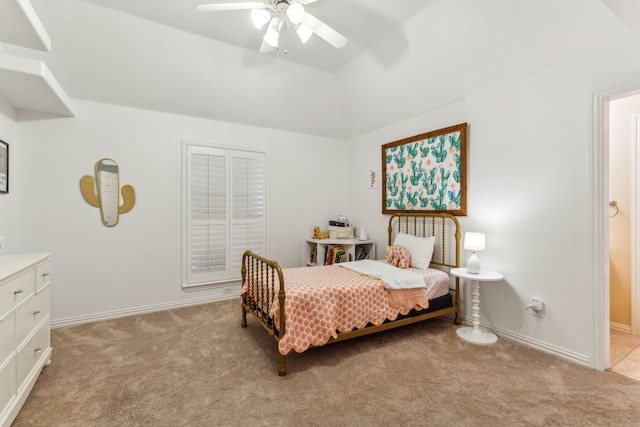 701 Mason Dr, Allen, TX 75013 - bedroom featuring light carpet, vaulted ceiling, a ceiling fan, and baseboards