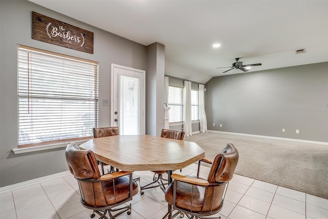 1100 Highcrest Dr, Burleson, TX 76028 - dining room with ceiling fan, baseboards, light tile patterned floors, light colored carpet, and recessed lighting