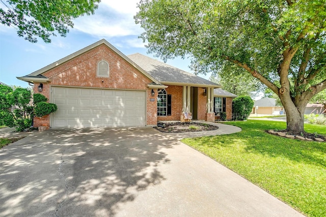 1100 Highcrest Dr, Burleson, TX 76028 - view of front of house with brick siding, an attached garage, concrete driveway, a front yard, and roof with shingles