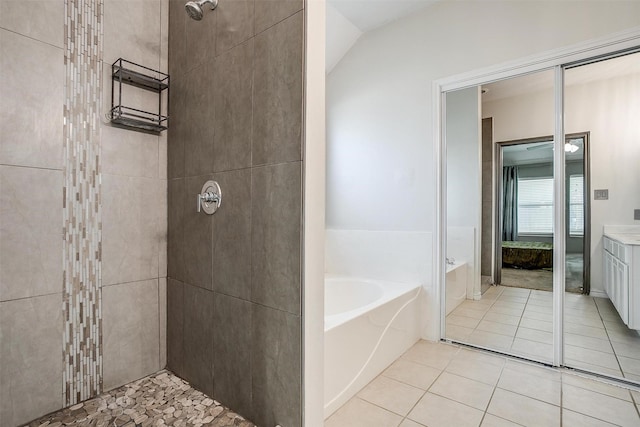 1100 Highcrest Dr, Burleson, TX 76028 - bathroom featuring a bath, tile patterned floors, tiled shower, and vanity
