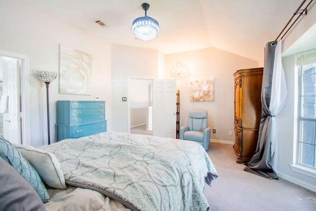 8200 Edgewater Dr, Frisco, TX 75034 - bedroom with carpet floors, a chandelier, vaulted ceiling, and baseboards