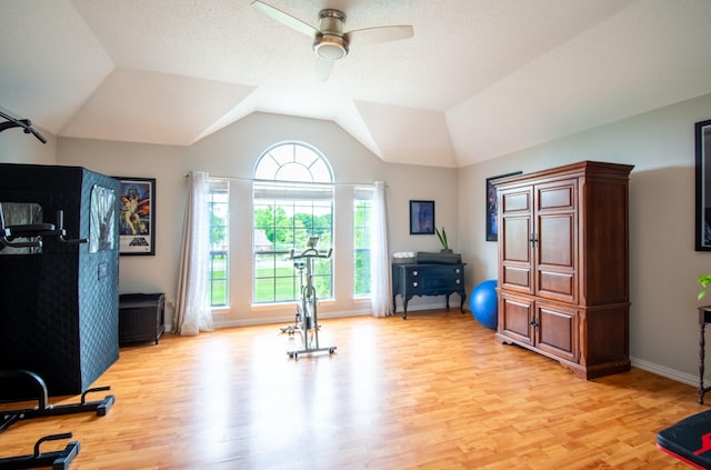 8200 Edgewater Dr, Frisco, TX 75034 - workout room with light wood-style flooring, ceiling fan, and lofted ceiling