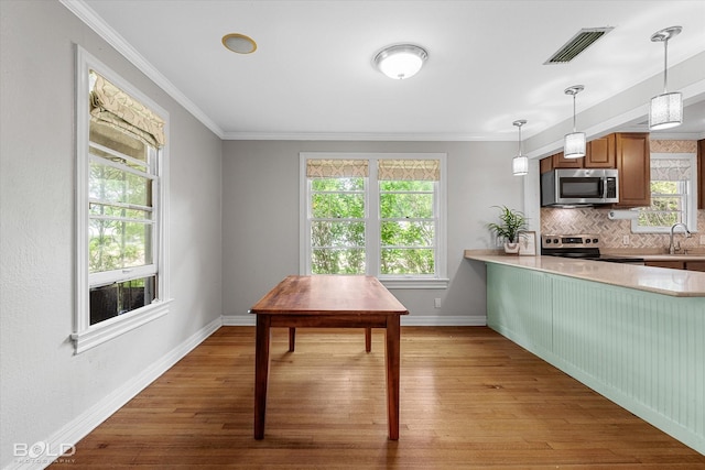 kitchen with stainless steel appliances, tasteful backsplash, baseboards, wood finished floors, and crown molding
